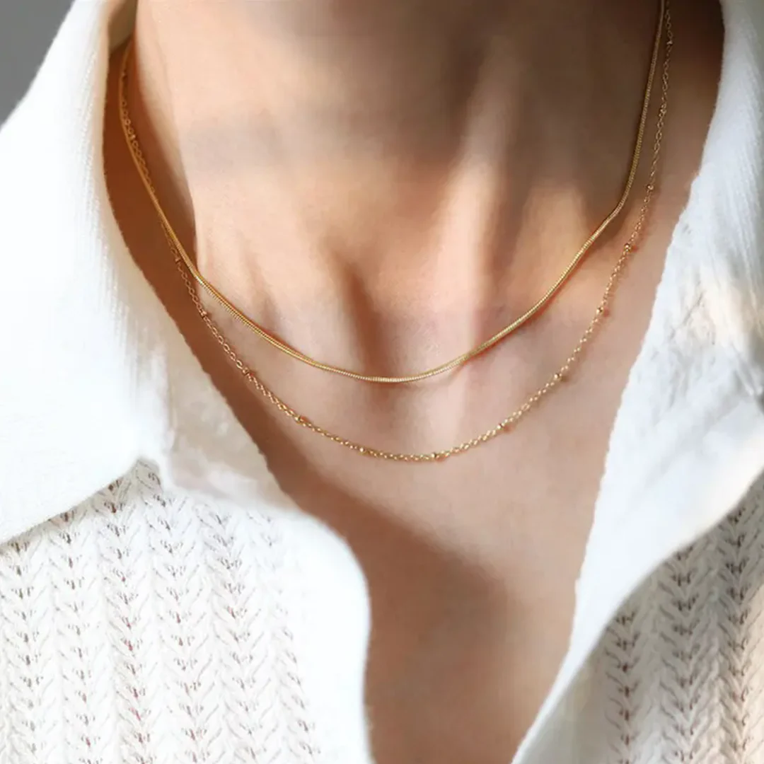 Round Snake & Bead Layered Necklace Set Gold - Image 3