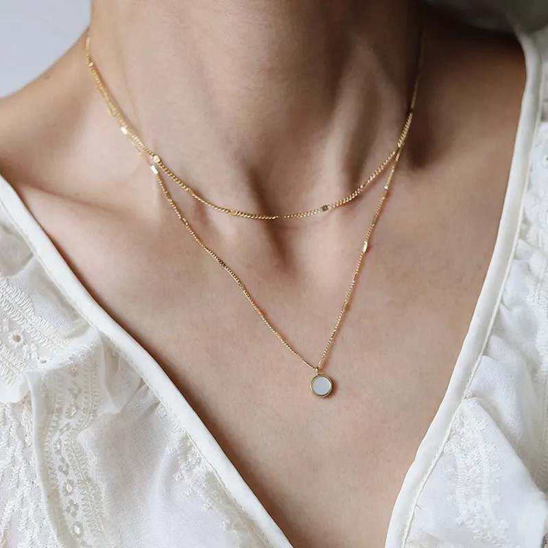 Round White Shell Layered Necklace Gold - Image 3
