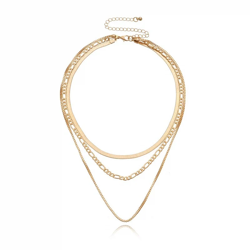 Snake, Figaro & Box Layered Necklace Set Gold - Image 3